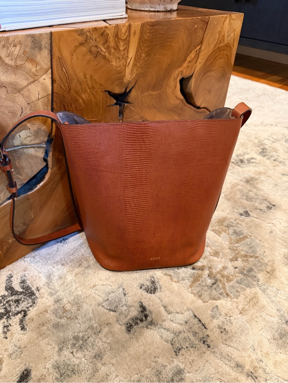 Reiss Hudson Deep HazelLizard-Embossed Leather Bucket Bag